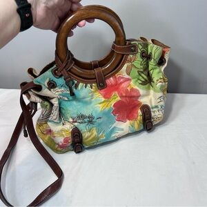 Vintage Fossil floral canvas handbag with wooden handles and long strap